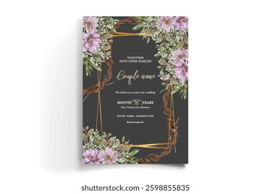 WEDDING INVITATION FRAME WITH FLOWER DECORATIONS AND FRESH LEAVES