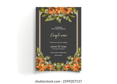 WEDDING INVITATION FRAME WITH FLOWER DECORATIONS AND FRESH LEAVES