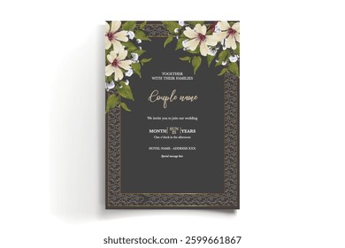 WEDDING INVITATION FRAME WITH FLOWER DECORATIONS AND FRESH LEAVES