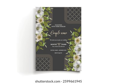 WEDDING INVITATION FRAME WITH FLOWER DECORATIONS AND FRESH LEAVES