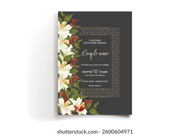 WEDDING INVITATION FRAME WITH FLOWER DECORATIONS AND FRESH LEAVES