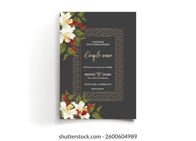 WEDDING INVITATION FRAME WITH FLOWER DECORATIONS AND FRESH LEAVES