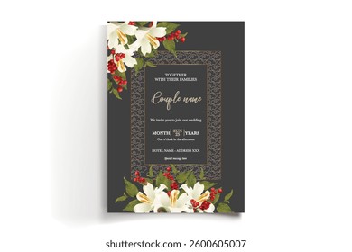 WEDDING INVITATION FRAME WITH FLOWER DECORATIONS AND FRESH LEAVES