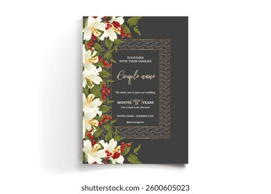 WEDDING INVITATION FRAME WITH FLOWER DECORATIONS AND FRESH LEAVES