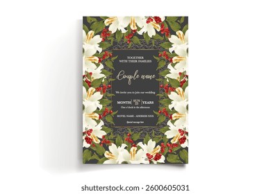 WEDDING INVITATION FRAME WITH FLOWER DECORATIONS AND FRESH LEAVES