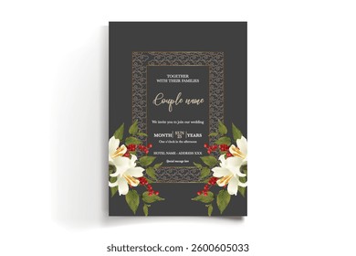 WEDDING INVITATION FRAME WITH FLOWER DECORATIONS AND FRESH LEAVES
