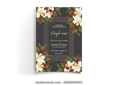 WEDDING INVITATION FRAME WITH FLOWER DECORATIONS AND FRESH LEAVES