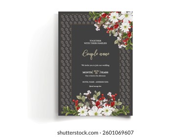 WEDDING INVITATION FRAME WITH FLOWER DECORATIONS AND FRESH LEAVES