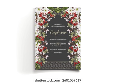 WEDDING INVITATION FRAME WITH FLOWER DECORATIONS AND FRESH LEAVES