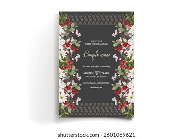 WEDDING INVITATION FRAME WITH FLOWER DECORATIONS AND FRESH LEAVES