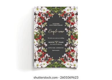 WEDDING INVITATION FRAME WITH FLOWER DECORATIONS AND FRESH LEAVES