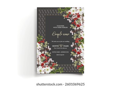 WEDDING INVITATION FRAME WITH FLOWER DECORATIONS AND FRESH LEAVES