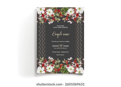 WEDDING INVITATION FRAME WITH FLOWER DECORATIONS AND FRESH LEAVES