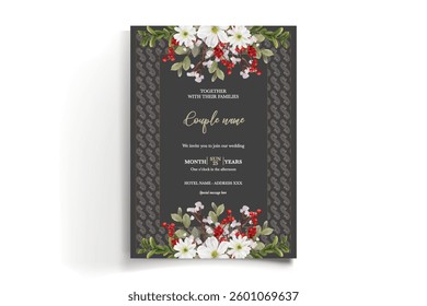 WEDDING INVITATION FRAME WITH FLOWER DECORATIONS AND FRESH LEAVES