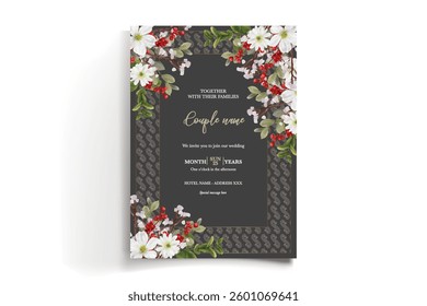 WEDDING INVITATION FRAME WITH FLOWER DECORATIONS AND FRESH LEAVES