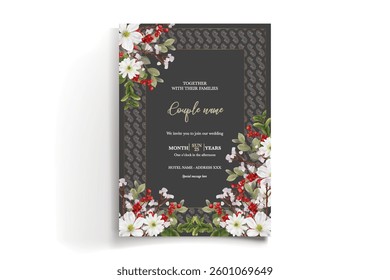 WEDDING INVITATION FRAME WITH FLOWER DECORATIONS AND FRESH LEAVES