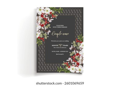 WEDDING INVITATION FRAME WITH FLOWER DECORATIONS AND FRESH LEAVES