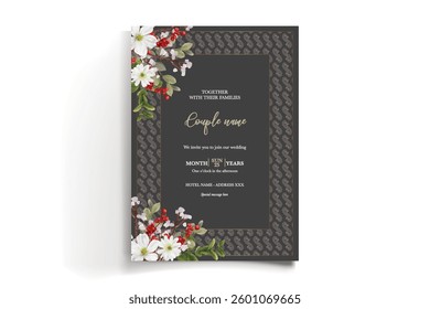 WEDDING INVITATION FRAME WITH FLOWER DECORATIONS AND FRESH LEAVES
