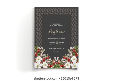 WEDDING INVITATION FRAME WITH FLOWER DECORATIONS AND FRESH LEAVES