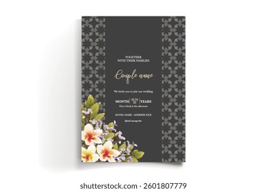 WEDDING INVITATION FRAME WITH FLOWER DECORATIONS AND FRESH LEAVES