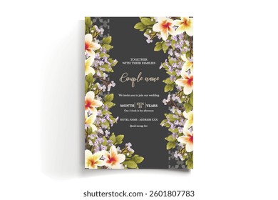 WEDDING INVITATION FRAME WITH FLOWER DECORATIONS AND FRESH LEAVES
