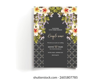 WEDDING INVITATION FRAME WITH FLOWER DECORATIONS AND FRESH LEAVES