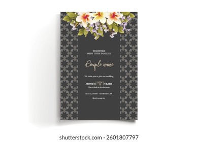 WEDDING INVITATION FRAME WITH FLOWER DECORATIONS AND FRESH LEAVES