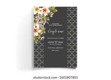 WEDDING INVITATION FRAME WITH FLOWER DECORATIONS AND FRESH LEAVES