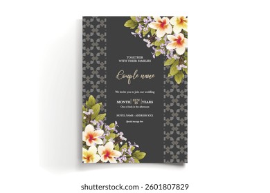 WEDDING INVITATION FRAME WITH FLOWER DECORATIONS AND FRESH LEAVES
