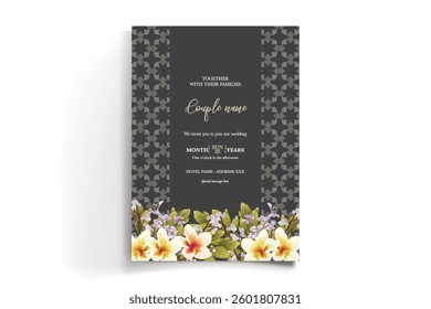 WEDDING INVITATION FRAME WITH FLOWER DECORATIONS AND FRESH LEAVES