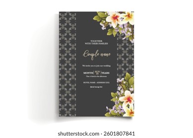 WEDDING INVITATION FRAME WITH FLOWER DECORATIONS AND FRESH LEAVES