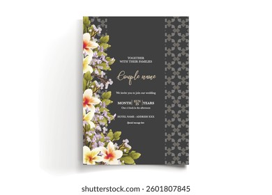 WEDDING INVITATION FRAME WITH FLOWER DECORATIONS AND FRESH LEAVES