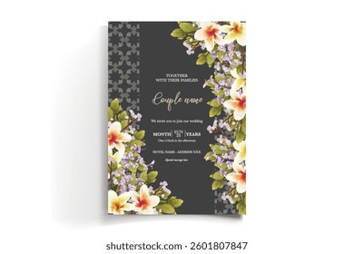 WEDDING INVITATION FRAME WITH FLOWER DECORATIONS AND FRESH LEAVES