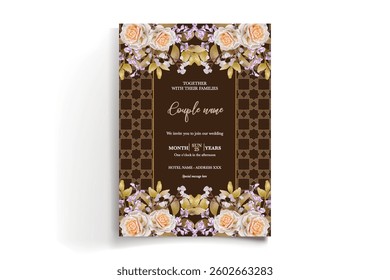 WEDDING INVITATION FRAME WITH FLOWER DECORATIONS AND FRESH LEAVES