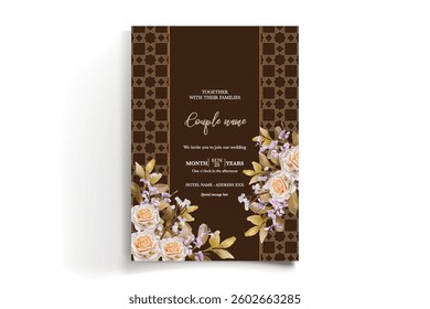 WEDDING INVITATION FRAME WITH FLOWER DECORATIONS AND FRESH LEAVES