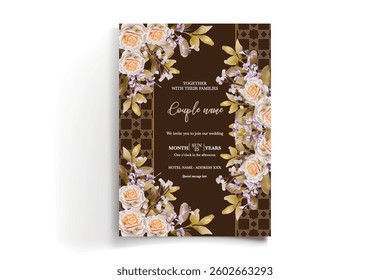 WEDDING INVITATION FRAME WITH FLOWER DECORATIONS AND FRESH LEAVES