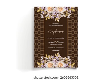 WEDDING INVITATION FRAME WITH FLOWER DECORATIONS AND FRESH LEAVES