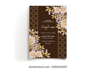 WEDDING INVITATION FRAME WITH FLOWER DECORATIONS AND FRESH LEAVES