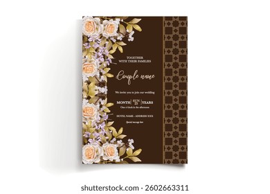 WEDDING INVITATION FRAME WITH FLOWER DECORATIONS AND FRESH LEAVES