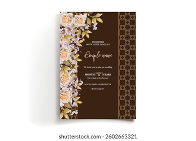 WEDDING INVITATION FRAME WITH FLOWER DECORATIONS AND FRESH LEAVES