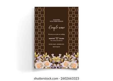 WEDDING INVITATION FRAME WITH FLOWER DECORATIONS AND FRESH LEAVES