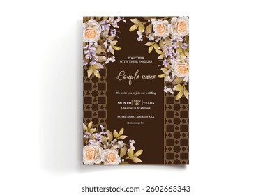 WEDDING INVITATION FRAME WITH FLOWER DECORATIONS AND FRESH LEAVES