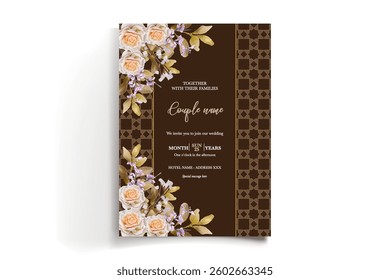 WEDDING INVITATION FRAME WITH FLOWER DECORATIONS AND FRESH LEAVES
