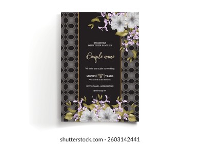 WEDDING INVITATION FRAME WITH FLOWER DECORATIONS AND FRESH LEAVES
