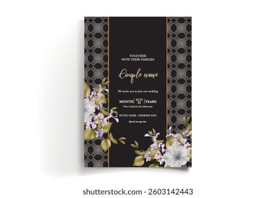 WEDDING INVITATION FRAME WITH FLOWER DECORATIONS AND FRESH LEAVES