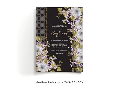 WEDDING INVITATION FRAME WITH FLOWER DECORATIONS AND FRESH LEAVES