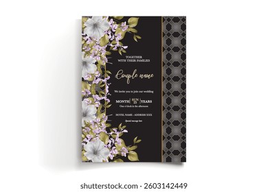 WEDDING INVITATION FRAME WITH FLOWER DECORATIONS AND FRESH LEAVES