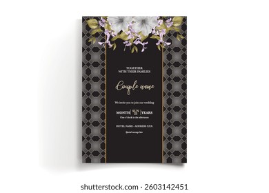 WEDDING INVITATION FRAME WITH FLOWER DECORATIONS AND FRESH LEAVES