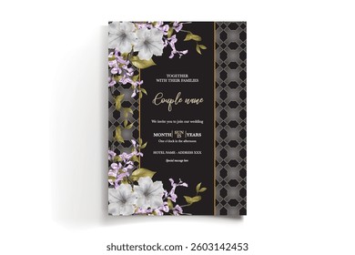 WEDDING INVITATION FRAME WITH FLOWER DECORATIONS AND FRESH LEAVES