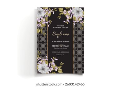 WEDDING INVITATION FRAME WITH FLOWER DECORATIONS AND FRESH LEAVES